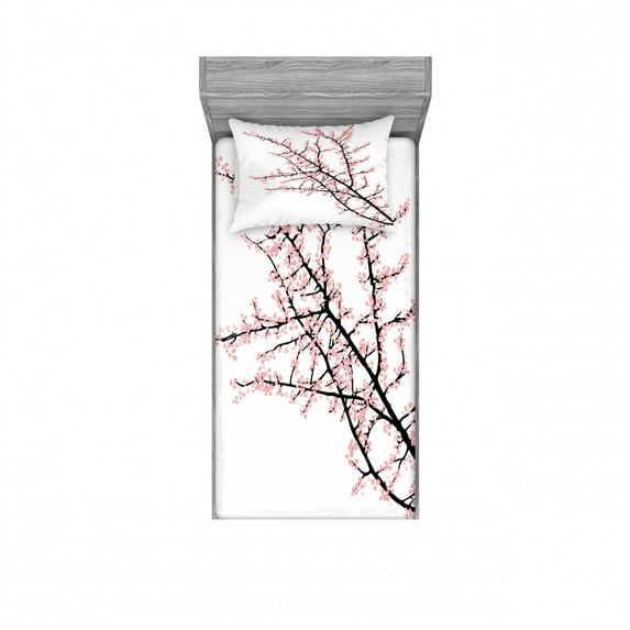 Floral Bedding Set with Sheet & Covers, Cherry Branch with Pink Blossom Traditional Style Illustration Asia Culture Themed, Printed Bedroom Decor 2 Shams, 4 Sizes, Pink Black, by Ambesonne