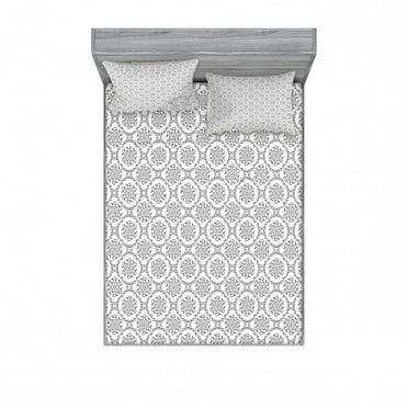 Floral Bedding Set with Sheet & Covers, Classic Plants Design Theme Monochrome Illustration Vintage Pattern, Printed Bedroom Decor 2 Shams, 4 Sizes, White and Grey, by Ambesonne