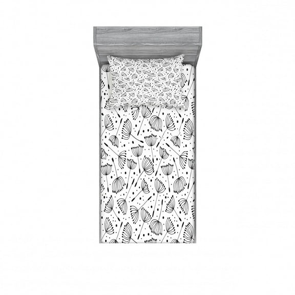 Floral Bedding Set with Sheet & Covers, Dandelion Flowers Nature Environment Fuzz Organic Fluff Illustration, Printed Bedroom Decor 2 Shams, 4 Sizes, Black White, by Ambesonne