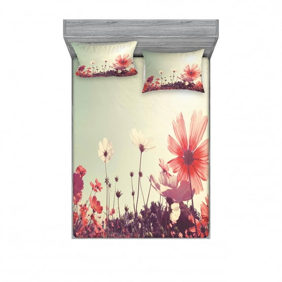 Ambesonne Floral Fitted Sheet & Pillow Sham Set, Vintage Cosmos Plant Sky, Queen, Sky Blue and Dark Coral