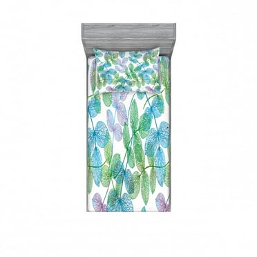 Floral Bedding Set with Sheet & Covers, Flowers Leaves Ivy Vein Like Rainbow Ombre Colored Art Print, Printed Bedroom Decor 2 Shams, 4 Sizes, Fern Green Pale Blue, by Ambesonne