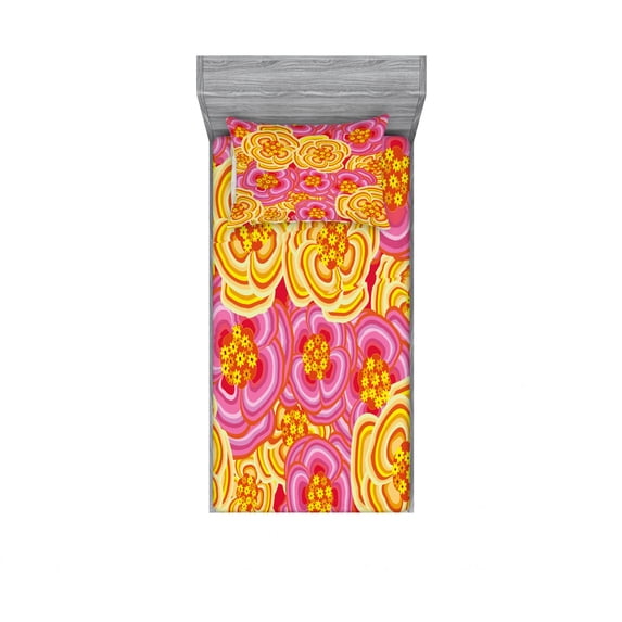 Ambesonne Floral Fitted Sheet & Pillow Sham Set, Funky Vibrant Flowers, Twinxl, Yellow Pink Orange