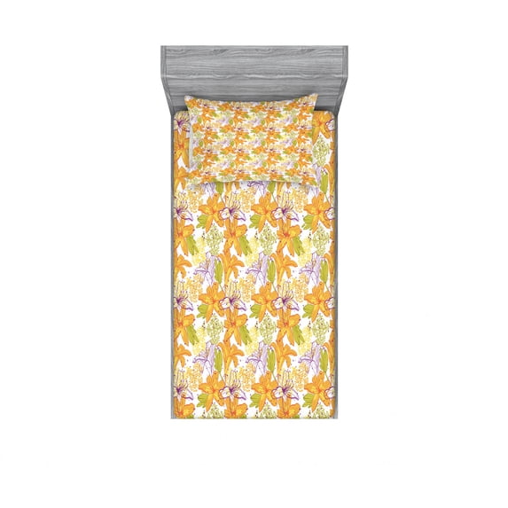 Floral Bedding Set with Sheet & Covers, Giant Lily Flowering Petals Exotic Blooms Hawaiian Bouquet Beauty, Printed Bedroom Decor 2 Shams, 4 Sizes, Apple Green Marigold, by Ambesonne