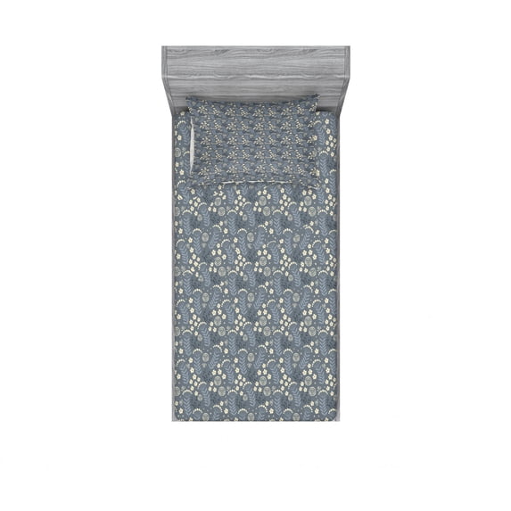 Floral Bedding Set with Sheet & Covers, Greyscale Simplistic Flowers Pattern Blossoming Doodle Arrangement, Printed Bedroom Decor 2 Shams, 4 Sizes, Dark Grey Blue Grey, by Ambesonne