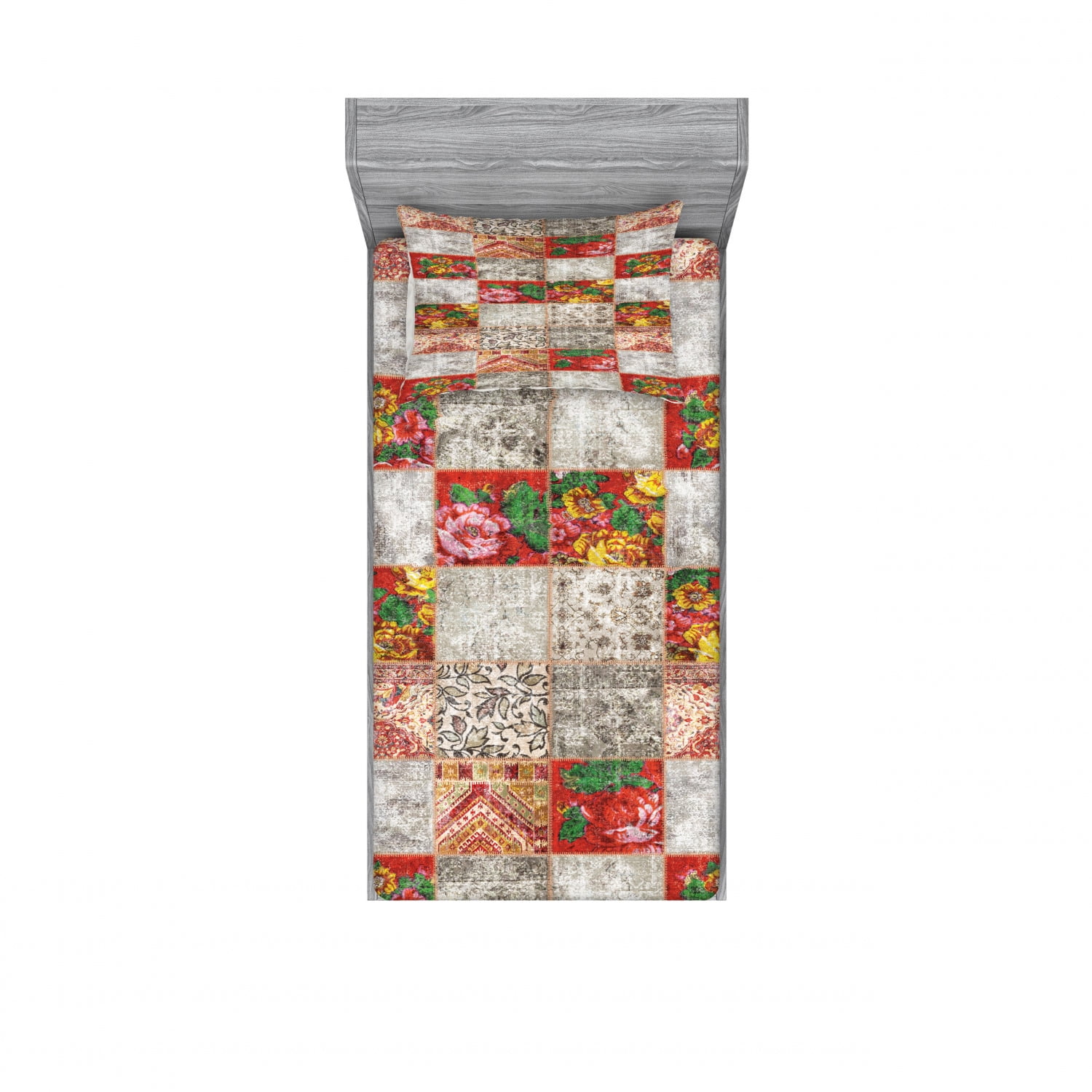 Twin XL White and Multicolor Microfiber Patchwork Sheet Set