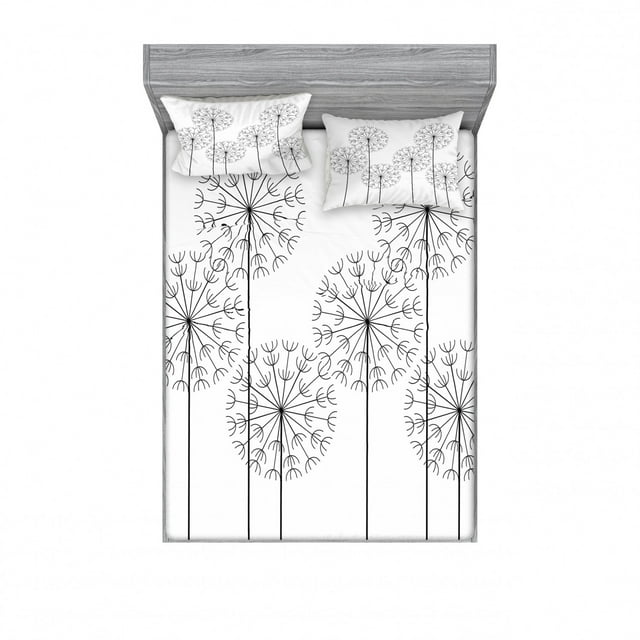 Floral Bedding Set with Sheet & Covers, Modern Hand Drawn Digital Flower Dandelions Botanic Plants Nature Artwork Print, Printed Bedroom Decor 2 Shams, 4 Sizes, Black and White, by Ambesonne