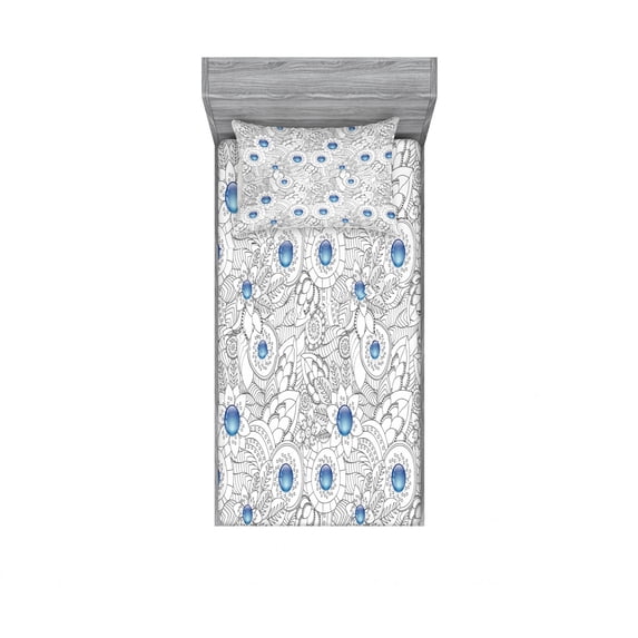 Floral Bedding Set with Sheet & Covers, Ornamental Hand Drawn Flowers and Leaves Blue Dots Doodle Pattern Abstract Art, Printed Bedroom Decor 2 Shams, 4 Sizes, Black White Blue, by Ambesonne