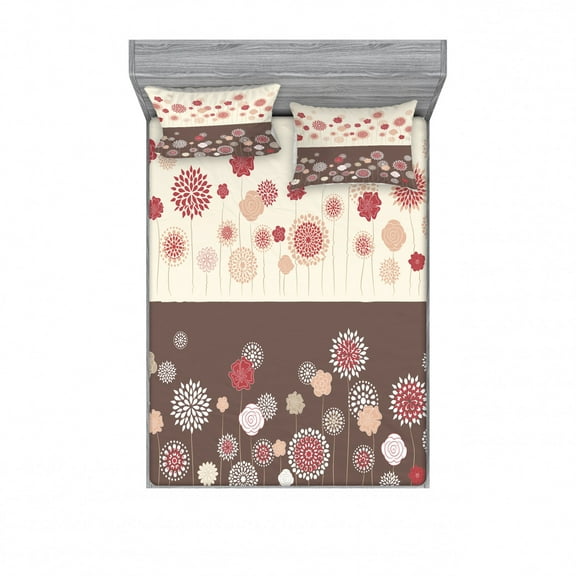 Floral Bedding Set with Sheet & Covers, Floral Ornate Spring Meadow Blossoms Pattern Seasonal Composition, Printed Bedroom Decor 2 Shams, 4 Sizes, Umber Beige Ruby, by Ambesonne