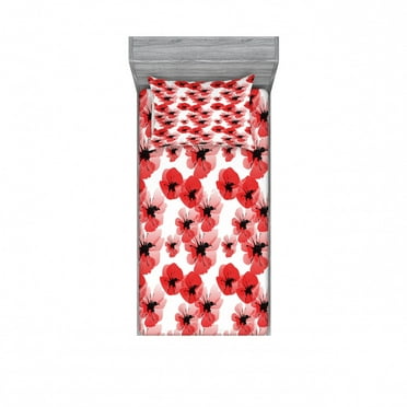 Floral Bedding Set with Sheet & Covers, Poppies Retro Halftone Effect Fertility and Eternal Life Vintage, Printed Bedroom Decor 2 Shams, 4 Sizes, Vermilion Black White, by Ambesonne