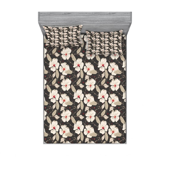 Floral Bedding Set with Sheet & Covers, Poppy Flowers Vintage with Abstract Floral Arrangement Nature Blossom, Printed Bedroom Decor 2 Shams, 4 Sizes, Tan Charcoal Grey Red, by Ambesonne