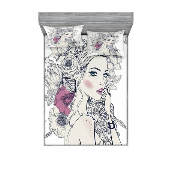Floral Bedding Set with Sheet & Covers, Portrait of a Woman with Flowers on Her Hair and Butterflies Pattern, Printed Bedroom Decor 2 Shams, 4 Sizes, Pearl and White, by Ambesonne