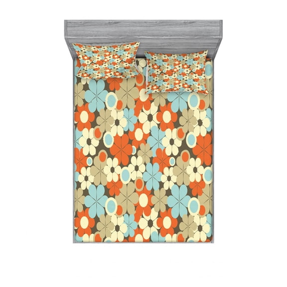 Floral Bedding Set with Sheet & Covers, Retro Flower Pattern Simplistic Designed Petals Fragrance Essence Circle Theme, Printed Bedroom Decor 2 Shams, 4 Sizes, Multicolor, by Ambesonne