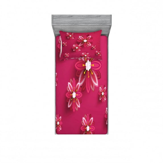 Ambesonne Floral Fitted Sheet & Pillow Sham Set, Spring Flowers, Twin, Pink