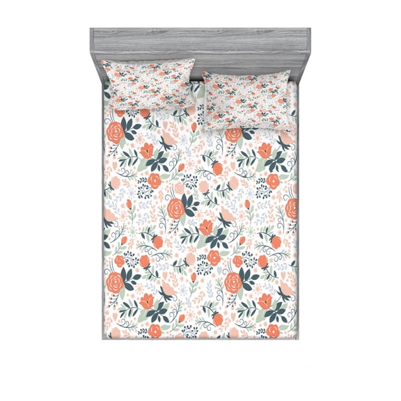 Floral Bedding Set with Sheet & Covers, Shabby Blooms Nature Inspired Botanical Beauty Illustration, Printed Bedroom Decor 2 Shams, 4 Sizes, Almond Green Salmon, by Ambesonne