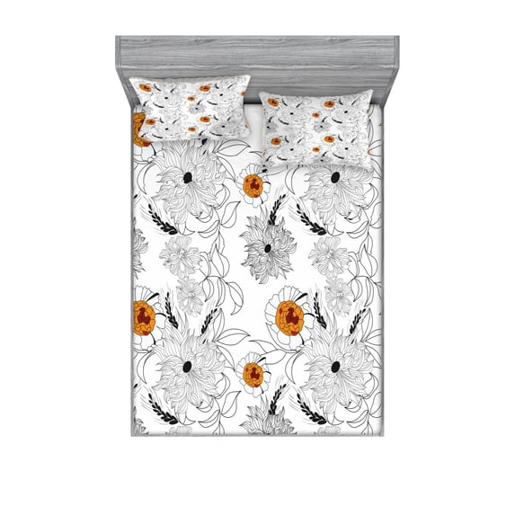Floral Bedding Set with Sheet & Covers, Simplistic Flower Petals Nature Beauty Florets Growth Illustration, Printed Bedroom Decor 2 Shams, 4 Sizes, Baby Blue Orange, by Ambesonne