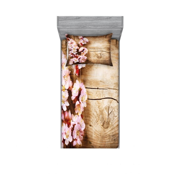 Floral Bedding Set with Sheet & Covers, Spring Blossom Orchard Featured Plant on Wooden Board Background Image, Printed Bedroom Decor 2 Shams, 4 Sizes, Sand Brown Pale Pink, by Ambesonne