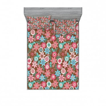 Floral Bedding Set with Sheet & Covers, Vibrant Bunch of Various Flower Petals Florets Shabby Form Illustration, Printed Bedroom Decor 2 Shams, 4 Sizes, Pink Brown and Teal, by Ambesonne