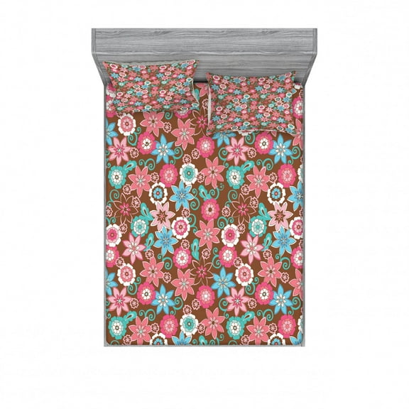 Floral Bedding Set with Sheet & Covers, Vibrant Bunch of Various Flower Petals Florets Shabby Form Illustration, Printed Bedroom Decor 2 Shams, 4 Sizes, Pink Brown and Teal, by Ambesonne