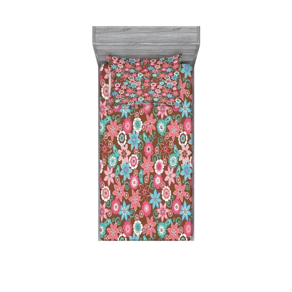 Floral Bedding Set with Sheet & Covers, Vibrant Bunch of Various Flower Petals Florets Shabby Form Illustration, Printed Bedroom Decor 2 Shams, 4 Sizes, Pink Brown and Teal, by Ambesonne