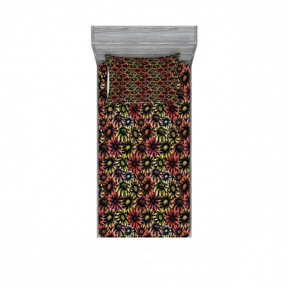 Floral Bedding Set with Sheet & Covers, Vintage Daisy and Sunflowers Retro Grunge Vibrant Pattern Print, Printed Bedroom Decor 2 Shams, 4 Sizes, Multicolor, by Ambesonne