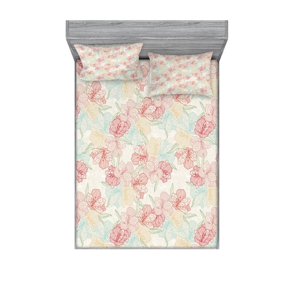 Floral Bedding Set with Sheet & Covers, Vintage Orchid Arrangement Soft Colored Abstract Image Blossoming Nature Pattern, Printed Bedroom Decor 2 Shams, 4 Sizes, Multicolor, by Ambesonne