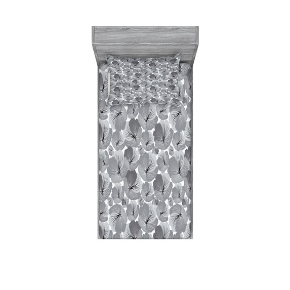 Ambesonne Floral Fitted Sheet & Pillow Sham Set, Vintage Grey Poppy Flowers, Twinxl, Grey Pale Grey and Black