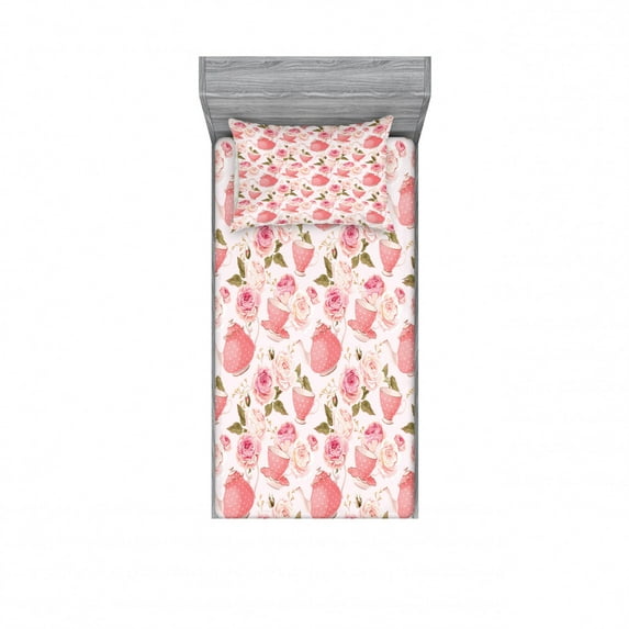 Floral Bedding Set with Sheet & Covers, Vintage Style Tea Cups with Roses Romantic Shabby Form Design Print, Printed Bedroom Decor 2 Shams, 4 Sizes, Fern Green Pale Pink, by Ambesonne