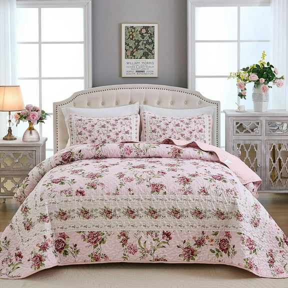 Floral Bedspread Coverlet Set Queen Size 3PCs Antique Rose Pink Quilt Set Soft Microfiber for All Season