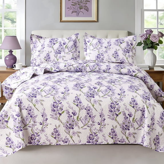 Jessyhome Purple Floral Bedspread Queen/Full Size, Lightweight Watercolor Botanical Printed Quilt Set, Soft All Season Bedding with 2 Pillow Shams
