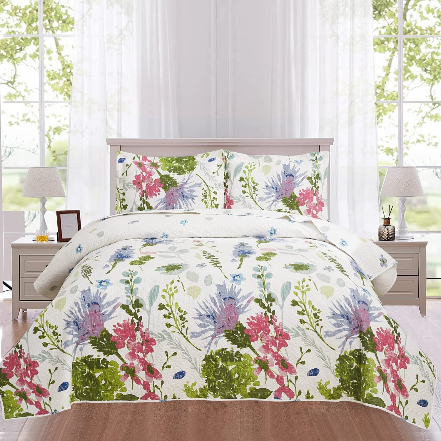 Floral Bedspread Set Reversible Countryside Coverlets Lightweight Blue
