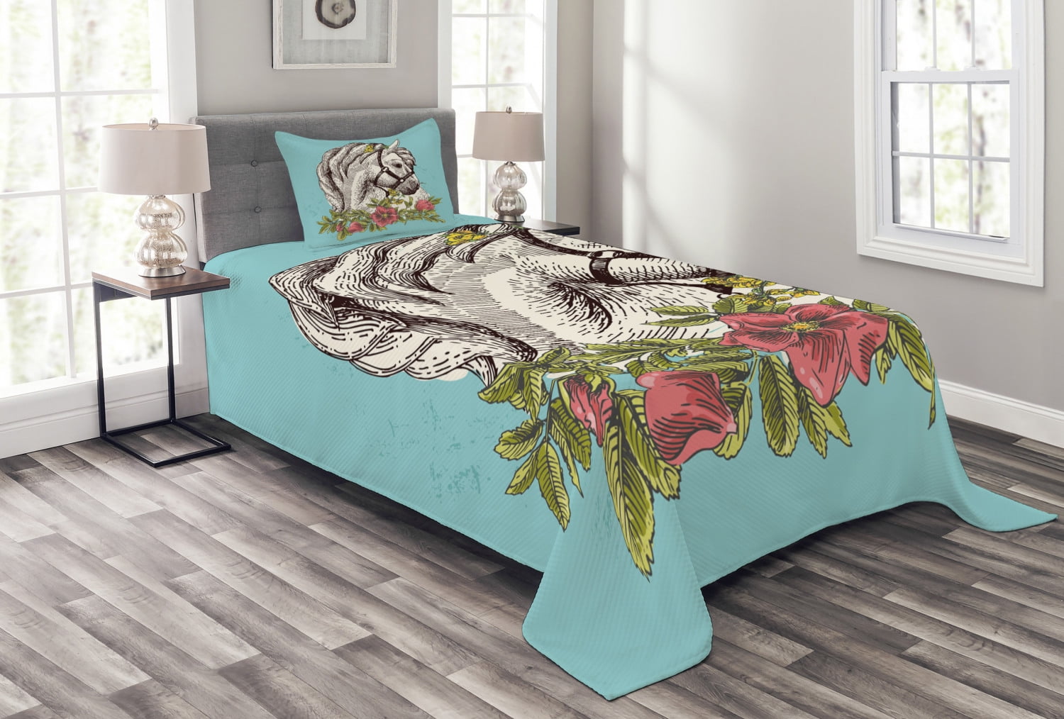 Floral Bedspread Set Twin Size, Boho Style Horse Opium Blossoms Poppy