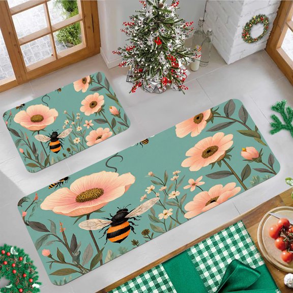 Floral Bee 2D Kitchen Rug Set, Lightweight Soft Flannel Carpet for Kitchen Porch Entry Bedroom Bathroom Laundry Room Indoor Decor Mat