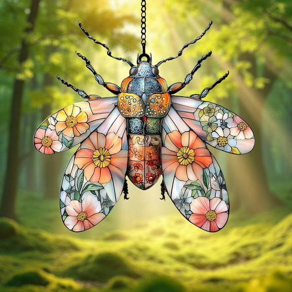 Floral Bee Acrylic Suncatcher, Faux Stained Glass Insect Window Hanging with Botanical Flower Wings, Garden Nature Lover Gift Decor for Mom