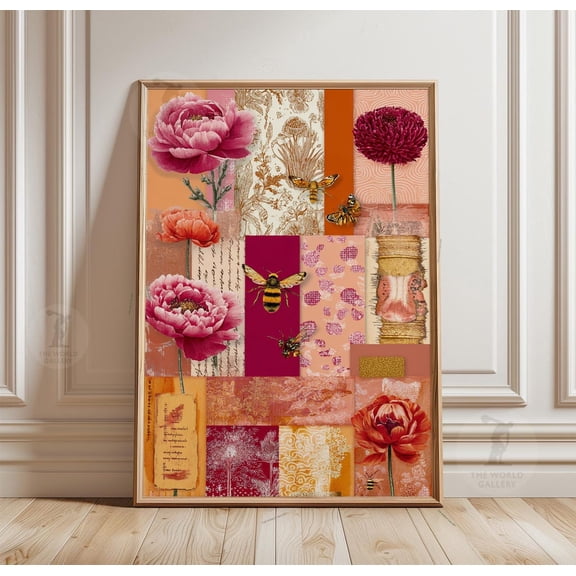 Floral Bee Collage Pink Botanical Poster Unframed Paper Print