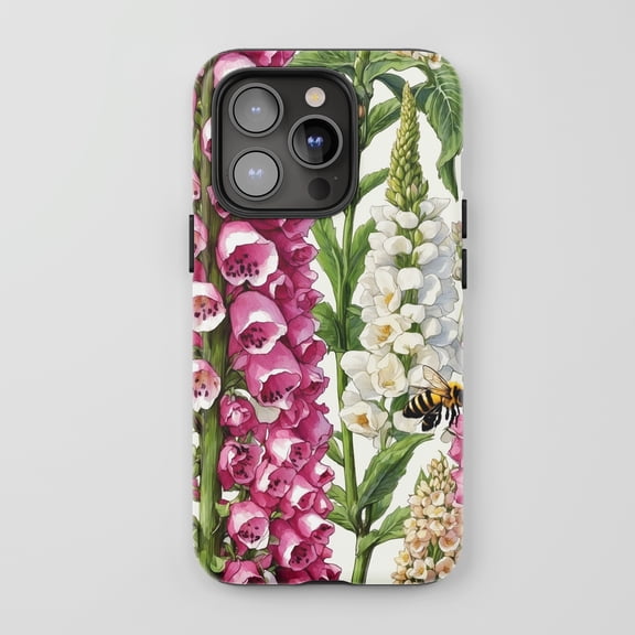 Floral Bee For All iPhone Series Protective Phone Case Botanical Illustration Pink White Green