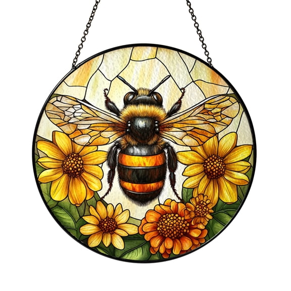 Floral Bee Glass Window Hanging Decor, Nature Inspired Light Catching Art, Decorative Insect Glass Accent for Home Window Display and Interior Styling