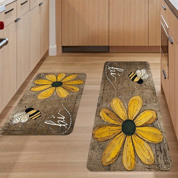 Floral Bee Print Pattern Spring Summer 2pcs Set Kitchen Rugs Flannel Door Mat Floor Mat Laundry Room Floor Mat Bathroom Entrance Dining Area Rugs Floor Mat Spring Summer Home Decor