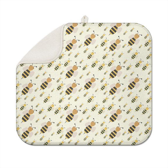 Floral Bee and Wildflower Kitchen Drying Mat - Super Absorbent 3-Layer Dish Drying Pad, Colorful Retro Bee Print, Foldable & Hanging Loop, Eco-Friendly, 18"x16"