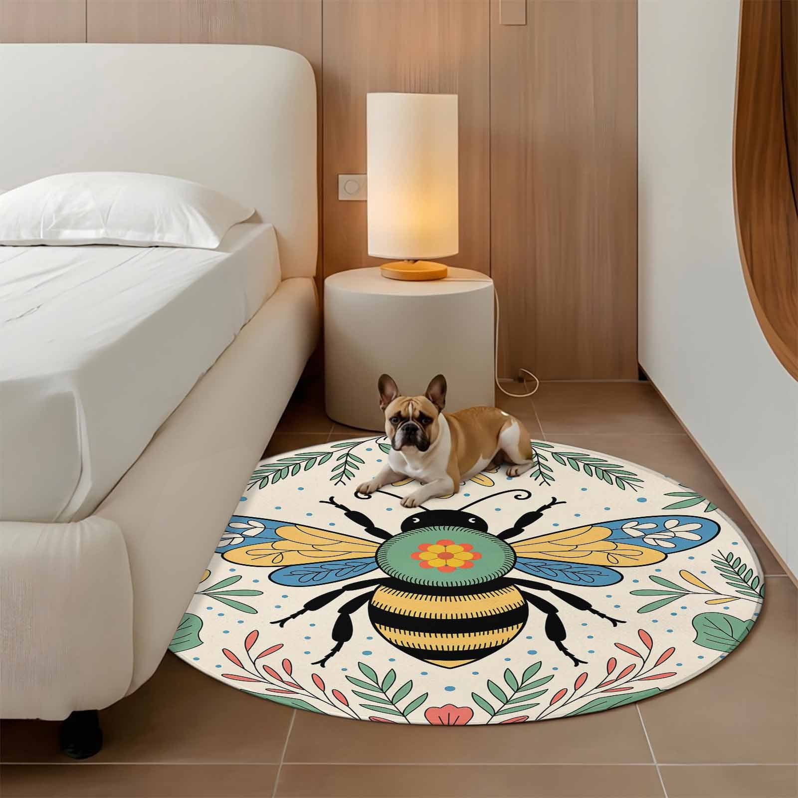 Bee Design Rug Floral Bees 3ft Round Rug for Bathroom Accent Bedside Corner, Flower ...