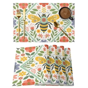 Floral Bees Cotton Linen Placemats Set of 1, Flower Green Leaves Plant Washable Table Place Mats Heat Insulating Placemat for Dining Room Kitchen Daily Use 13 x 19 Inch