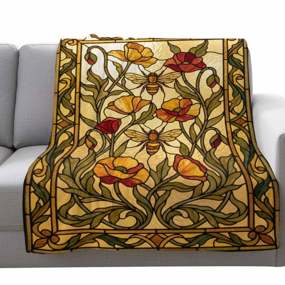 Floral Bees Fleece Throw Blanket Lightweight Retro Yellow Red Flowers Leaf Bees Yellow Glass Fuzzy Flannel Throws Super Soft Cozy Flannel Blanket for Couch, Sofa, Bed, Travel 40"x50"