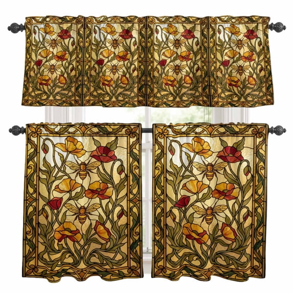 Floral Bees Kitchen Curtains Valances and Tiers Set of 3 Retro Yellow Red Flowers Leaf Bees Yellow Glass Tier Curtains and Valance with Rod Pocket for Small Windows, 27.5"x24"