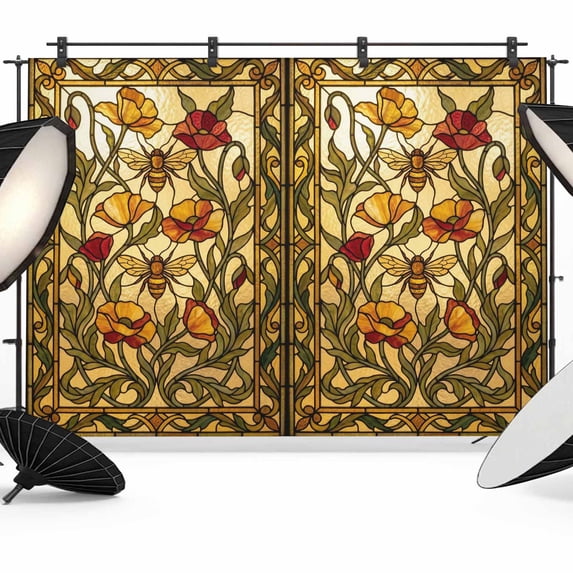 Floral Bees Photography Backdrop 12x8FT, Retro Yellow Red Flowers Leaf ...