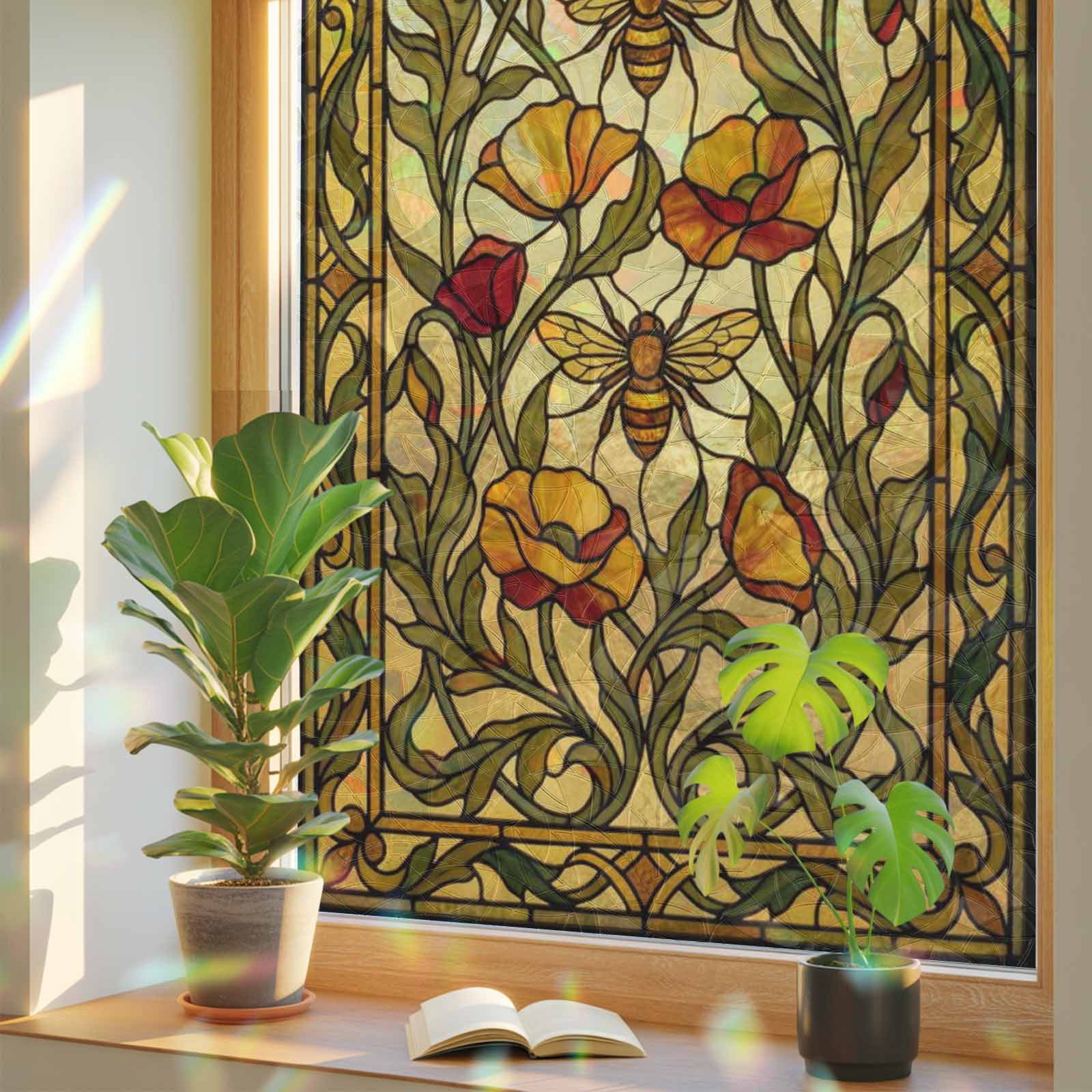 Floral Bees Window Privacy Film, Retro Yellow Red Flowers Leaf Bees ...