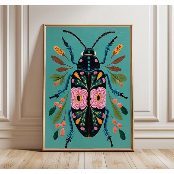 Floral Beetle Wall Art Folk Art Insect Poster Colorful Bug Decor, Unframed Poster