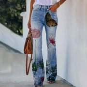 FAVIPT Floral Bell Bottom Jeans for Women,2023 Womens Flare Jeans High Waisted Wide Leg Baggy Jean Stretch Denim Pants Retro Streetwear