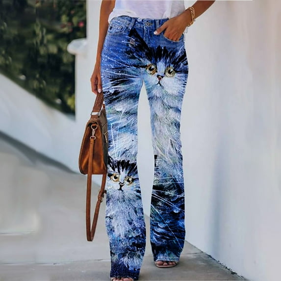 Floral Bell Bottom Jeans for Women,2023 Womens Flare Jeans High Waisted Wide Leg Baggy Jean Stretch Denim Pants Retro Streetwear
