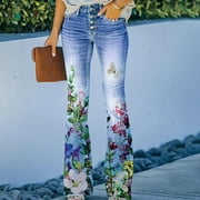 FAVIPT Floral Bell Bottom Jeans for Women,2023 Womens Flare Jeans High Waisted Wide Leg Baggy Jean Stretch Denim Pants Retro Streetwear