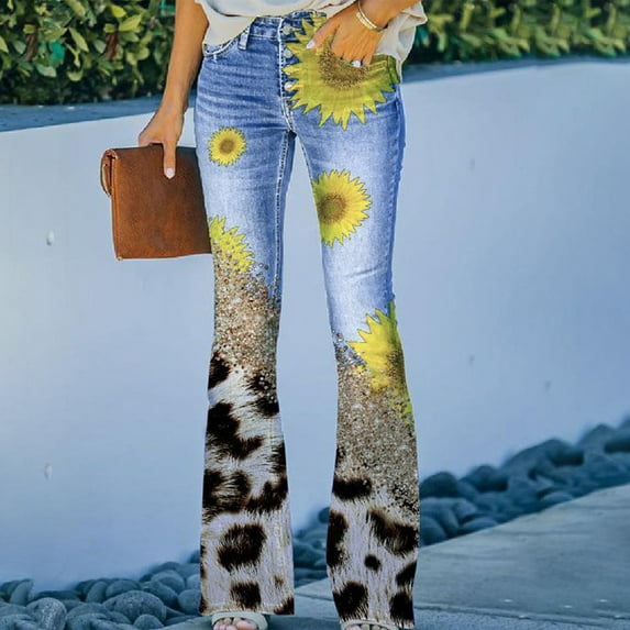 Floral Bell Bottom Jeans for Women,2024 Womens Flare Jeans High Waisted Wide Leg Baggy Jean Stretch Denim Pants Retro Streetwear