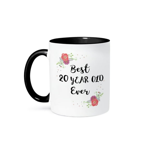 3drose, Floral Best 20 Year Old Ever Pink Flowers Cute 20th Birthday Girl Gift, 15oz Two-tone Black Mug